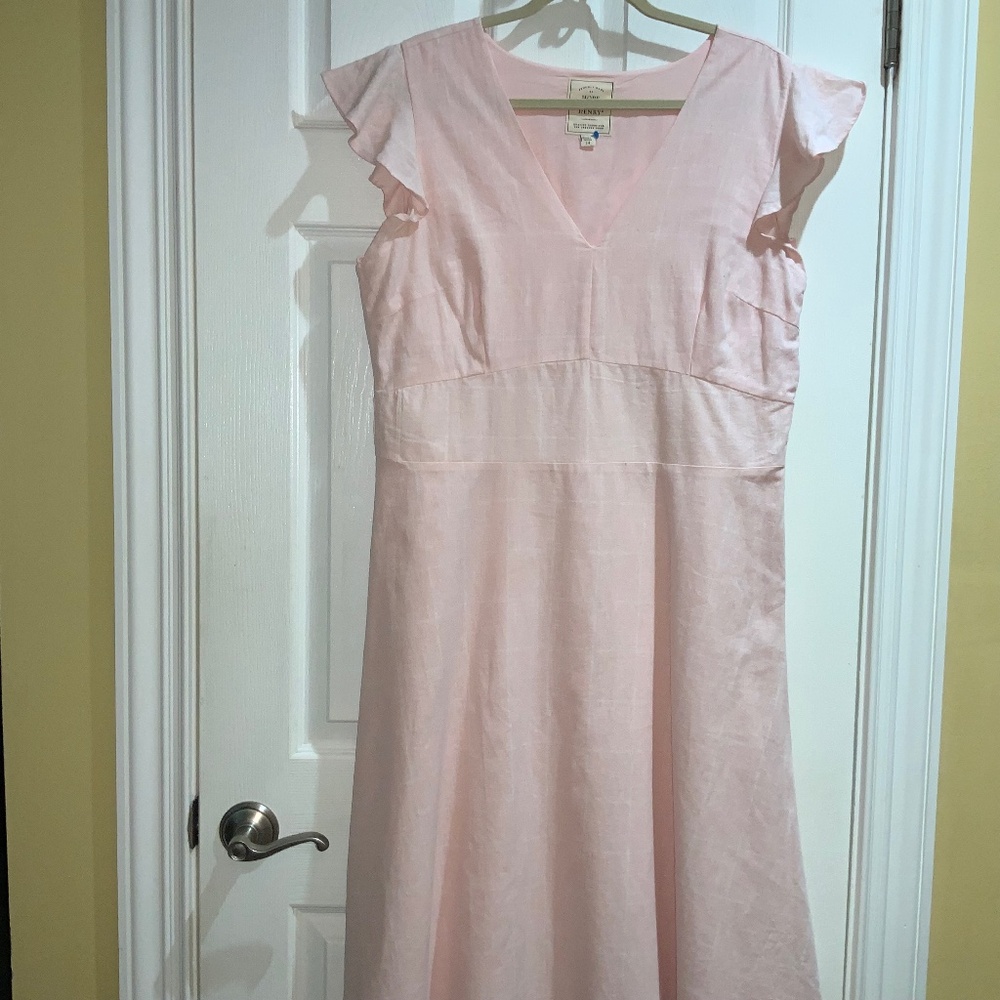 Hope & Henry linen blend midi dress Sz 14 inset waist flutter sleeves